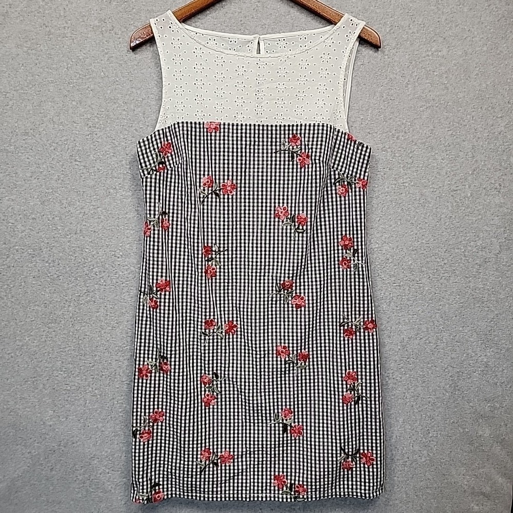KARL LAGERFELD Shift Dress Gingham Floral Embroidered Eyelet Sleeveless Size 10